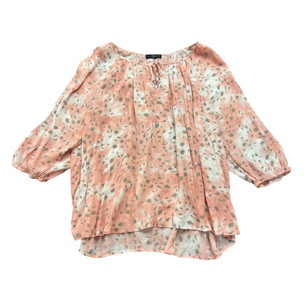 Fred‎ David Coral Abstract Print Tie Neck Peasant Blouse 3/4 Sleeve D2U037RW